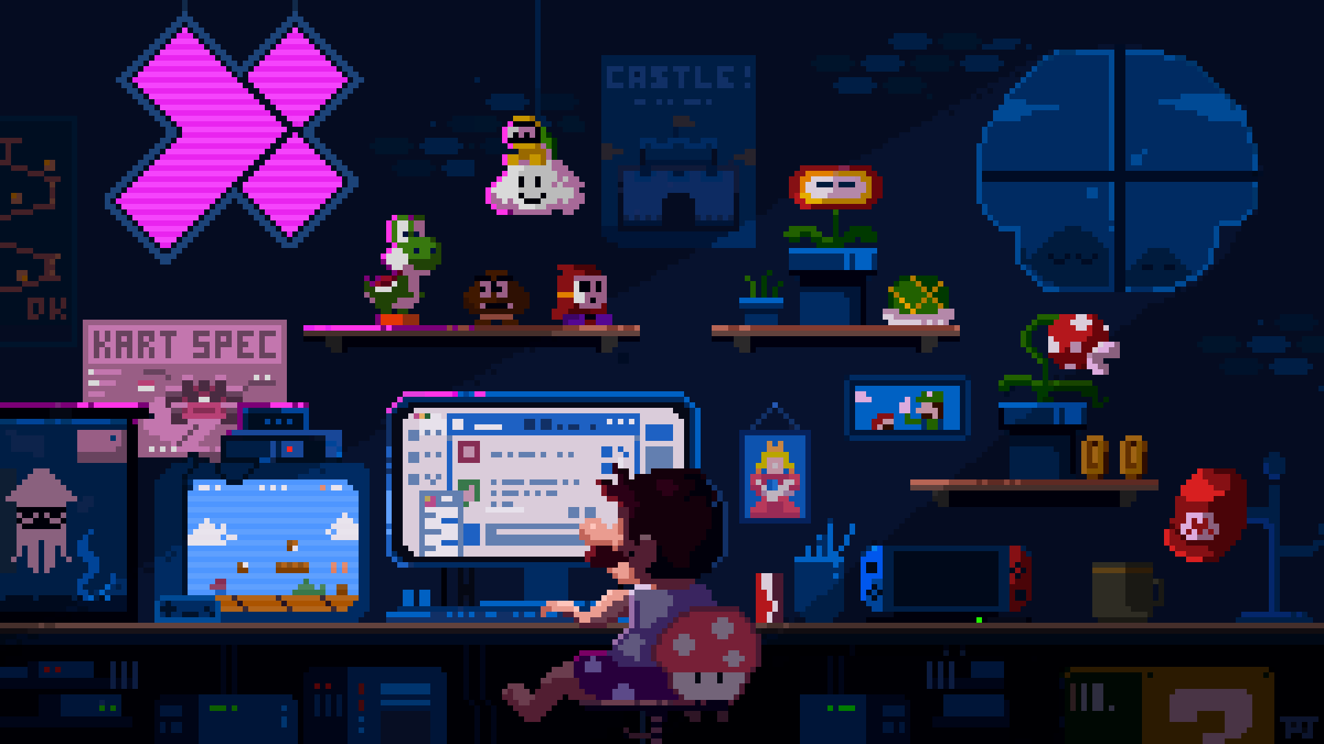 Animated pixel-art illustration of a developer workstation